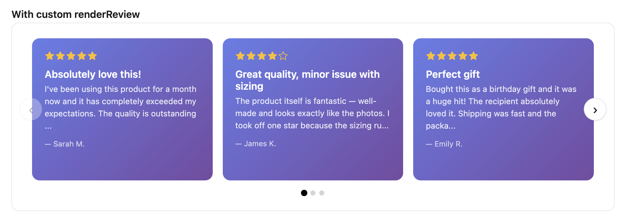 ReviewCarousel with custom purple gradient card rendering