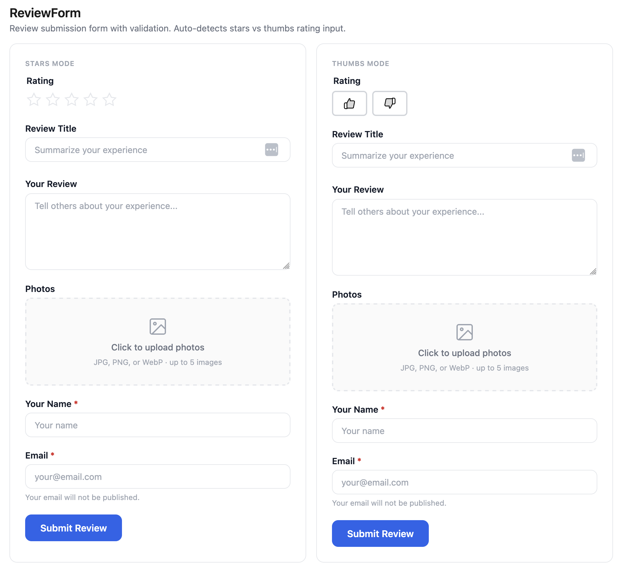 ReviewForm showing stars mode and thumbs mode side by side