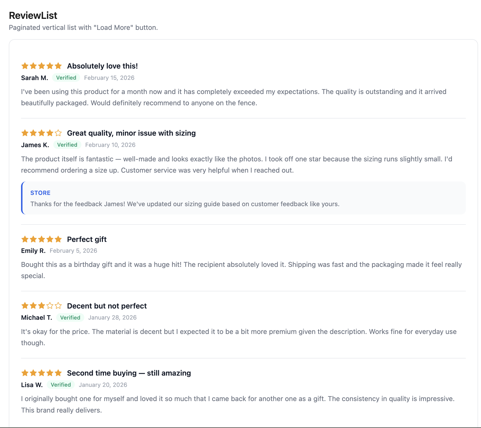 ReviewList showing paginated reviews with ratings, verified badges, and merchant replies